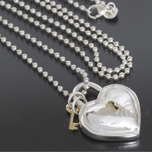 1994 Vintage Tiffany & Co. Locks Heart Necklace Pendant 18k Sterling 34” Vintage - Picture 4 of 6